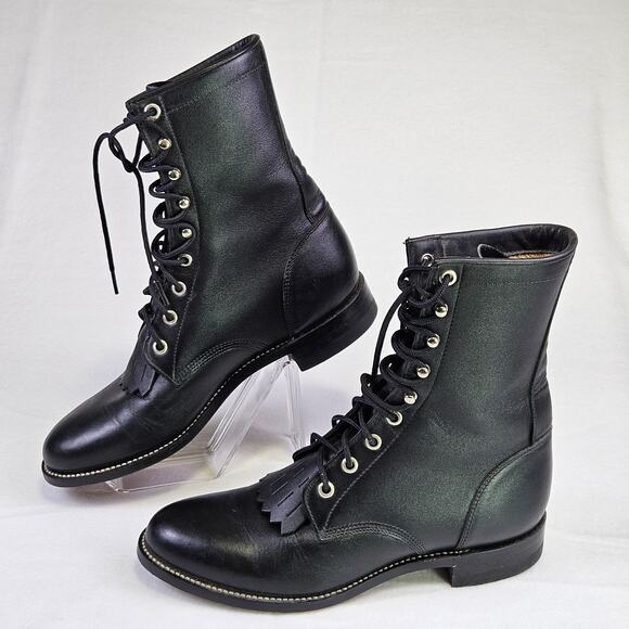 Justin 506 Boot Mens 6 Western Leather Packer Kiltie Lace Up Y2K Black Cowboy